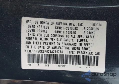 2014 Honda Accord Ex-L z USA, uszkodzony, nr VIN 1HGCR2F82EA244764